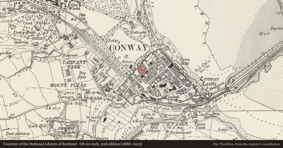 Ordnance Survey six-inch map, 2nd edition (1888–1913) covering the location of 6 Erskine Terrace, Conwy, with a pin at the register's coordinates