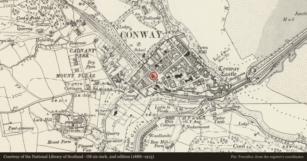 Ordnance Survey six-inch map, 2nd edition (1888–1913) covering the location of House and The Raj Restaurant, Conwy, with a pin at the register's coordinates