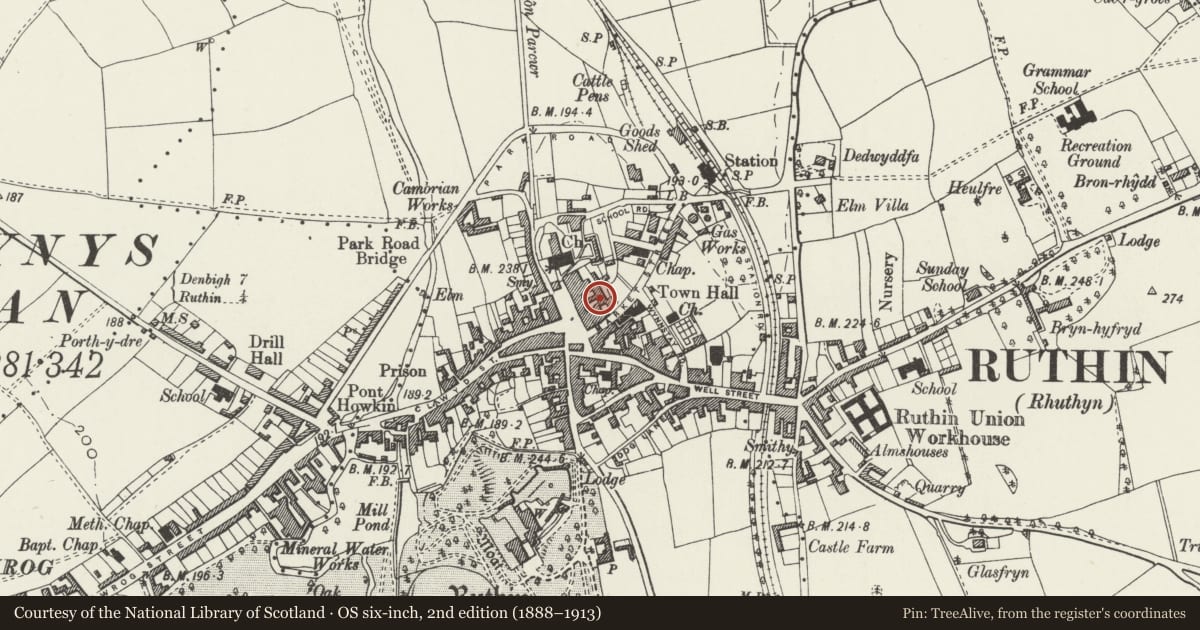 Ordnance Survey six-inch map, 2nd edition (1888–1913) covering the location of Castledene, Ruthin, Denbighshire, with a pin at the register's coordinates