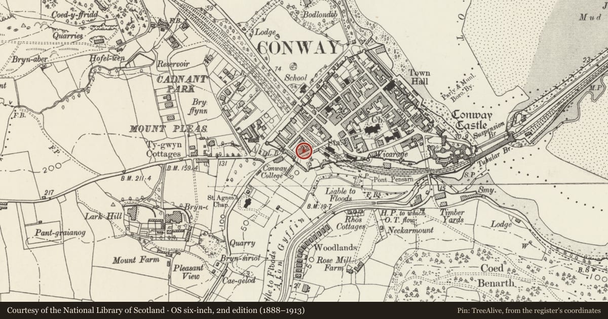 Ordnance Survey six-inch map, 2nd edition (1888–1913) covering the location of 6 Rosemary Lane, Conwy, with a pin at the register's coordinates