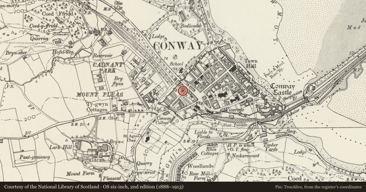 Ordnance Survey six-inch map, 2nd edition (1888–1913) covering the location of Rose Cottage, Conwy, with a pin at the register's coordinates