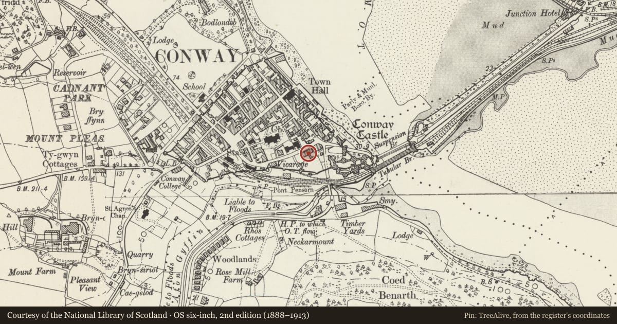 Ordnance Survey six-inch map, 2nd edition (1888–1913) covering the location of Hodesdon, Conwy, with a pin at the register's coordinates