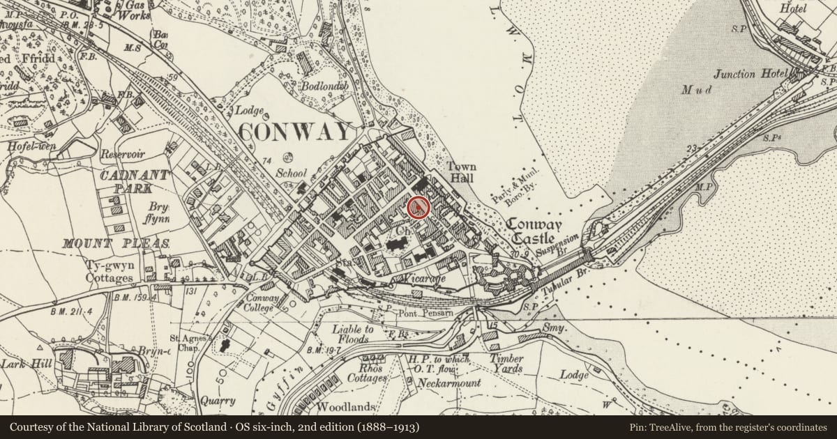 Ordnance Survey six-inch map, 2nd edition (1888–1913) covering the location of Shop and house, Conwy, with a pin at the register's coordinates