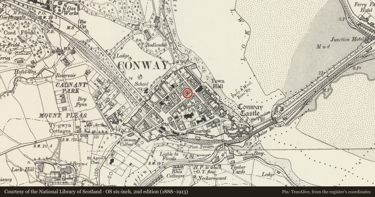 Ordnance Survey six-inch map, 2nd edition (1888–1913) covering the location of House and Yesteryears, Conwy, with a pin at the register's coordinates