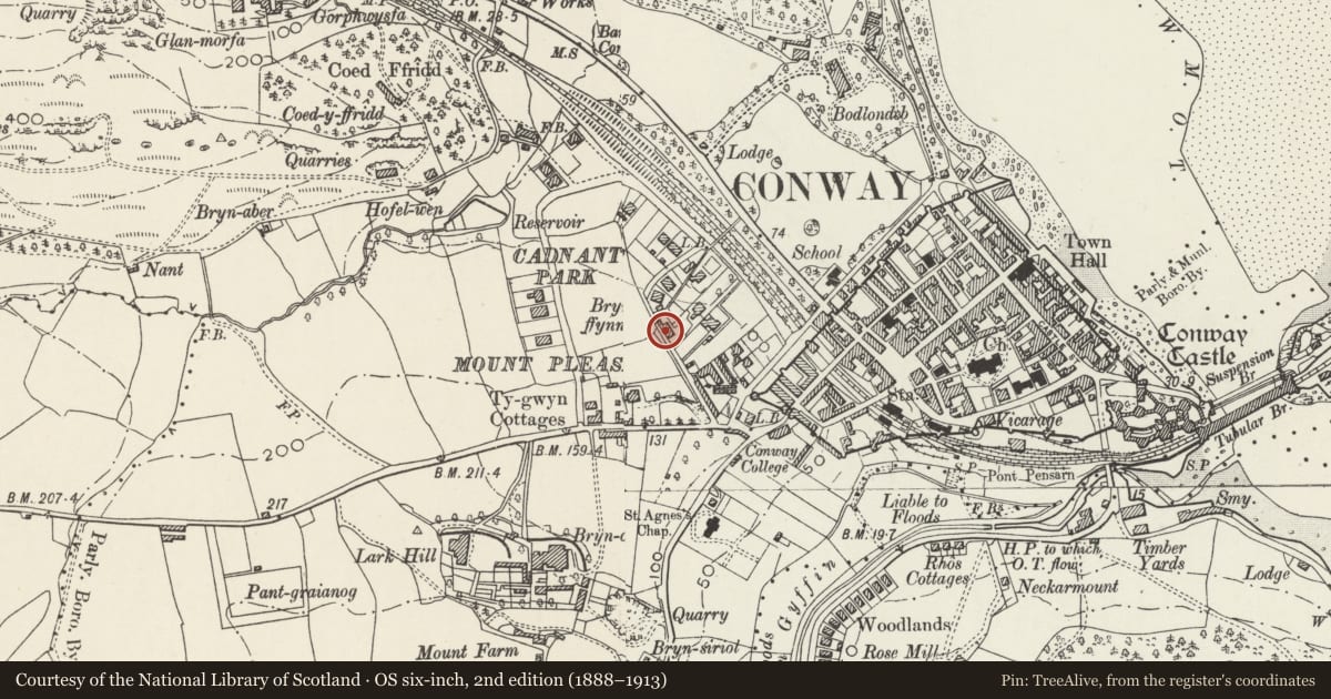 Ordnance Survey six-inch map, 2nd edition (1888–1913) covering the location of 2 Bryn Ffynnon, Conwy, with a pin at the register's coordinates