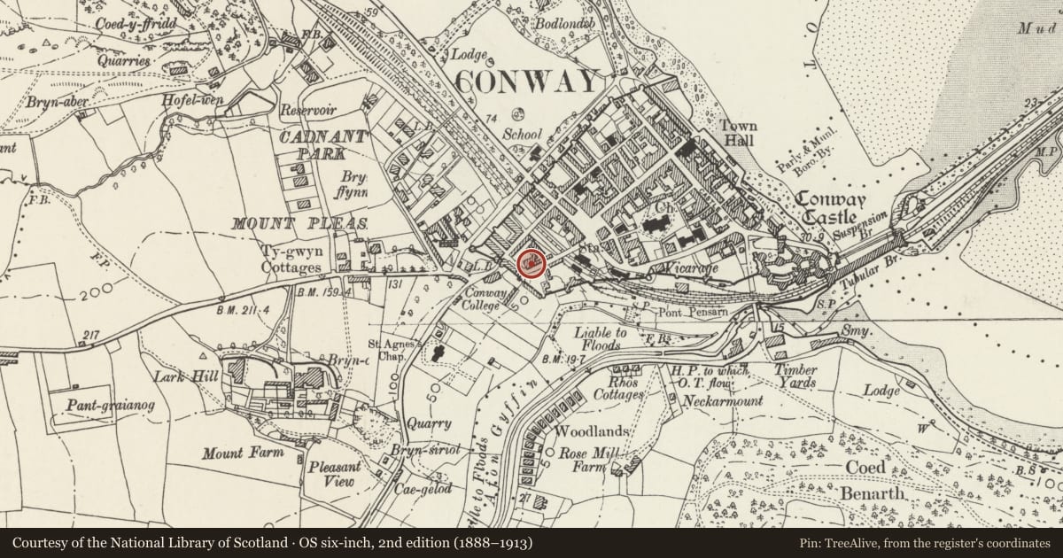 Ordnance Survey six-inch map, 2nd edition (1888–1913) covering the location of 2 Victoria Terrace, Conwy, with a pin at the register's coordinates