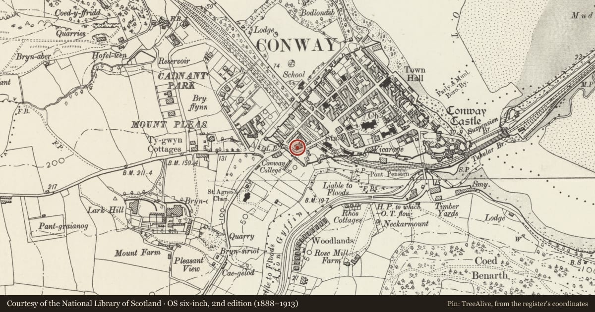 Ordnance Survey six-inch map, 2nd edition (1888–1913) covering the location of 3 Victoria Terrace, Conwy, with a pin at the register's coordinates