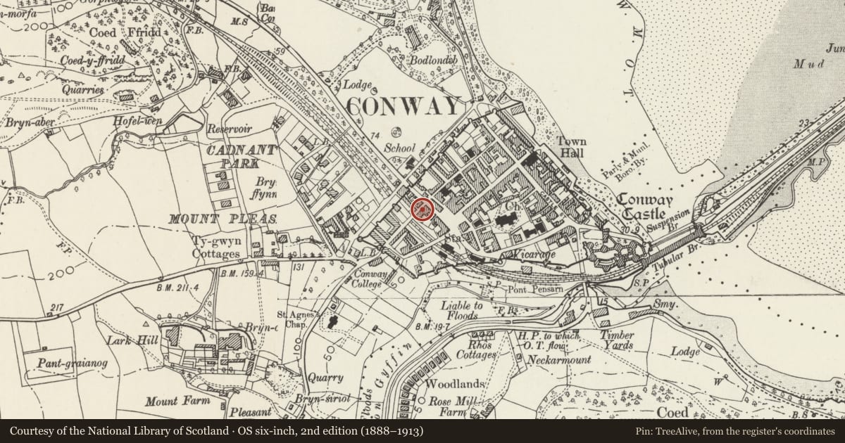 Ordnance Survey six-inch map, 2nd edition (1888–1913) covering the location of Albion Public House, Conwy, with a pin at the register's coordinates