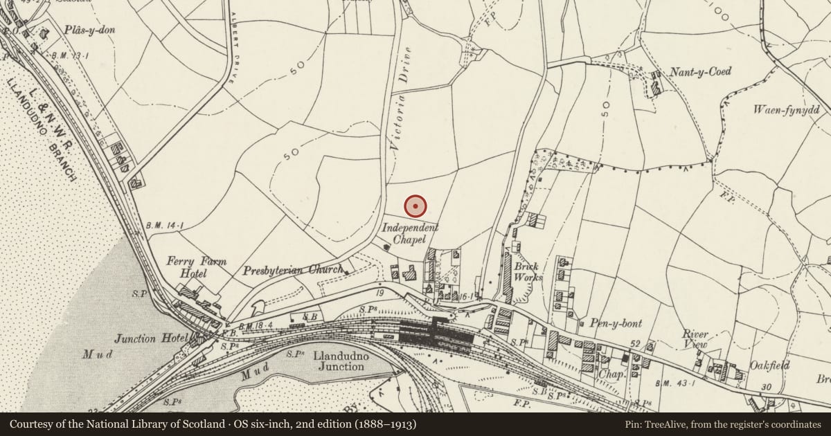 Ordnance Survey six-inch map, 2nd edition (1888–1913) covering the location of Plas Blodwell, Conwy, with a pin at the register's coordinates