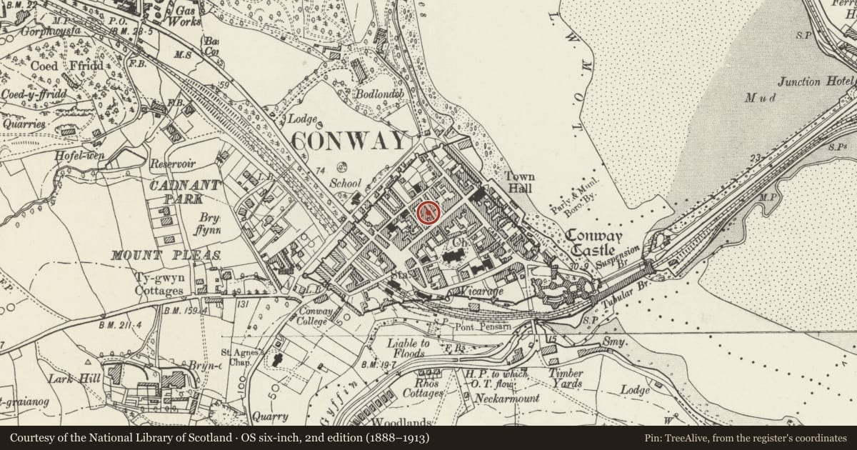 Ordnance Survey six-inch map, 2nd edition (1888–1913) covering the location of Bodalaw, Conwy, with a pin at the register's coordinates