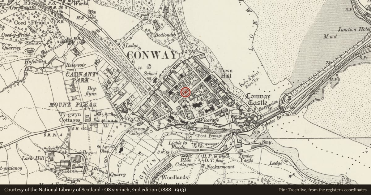 Ordnance Survey six-inch map, 2nd edition (1888–1913) covering the location of Edwards Fresh Food, Conwy, with a pin at the register's coordinates