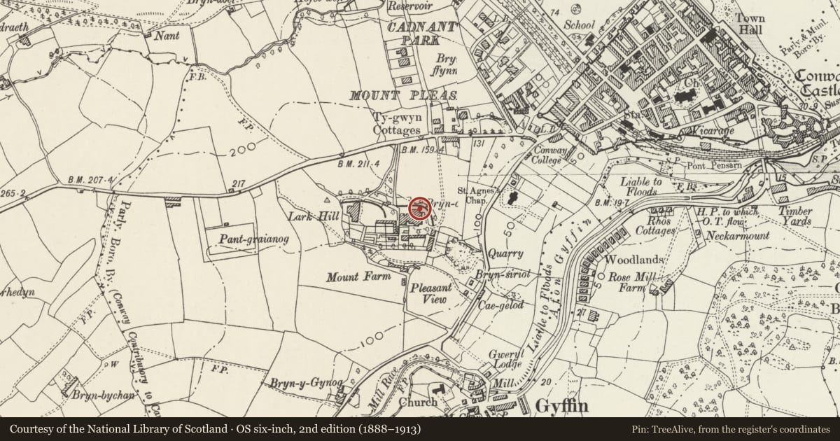 Ordnance Survey six-inch map, 2nd edition (1888–1913) covering the location of Garden terrace walls and turrets on N and E sides of Bryn Corach, Conwy, with a pin at the register's coordinates