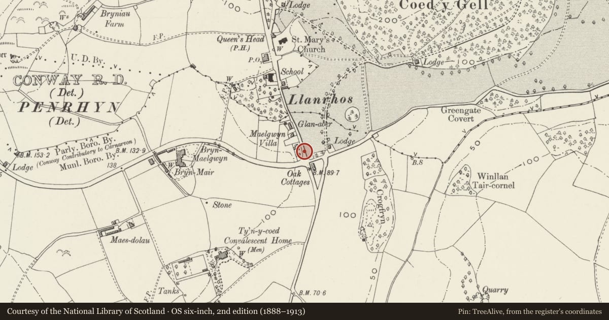 Ordnance Survey six-inch map, 2nd edition (1888–1913) covering the location of Gate at entrance to Edenhurst, Conwy, with a pin at the register's coordinates