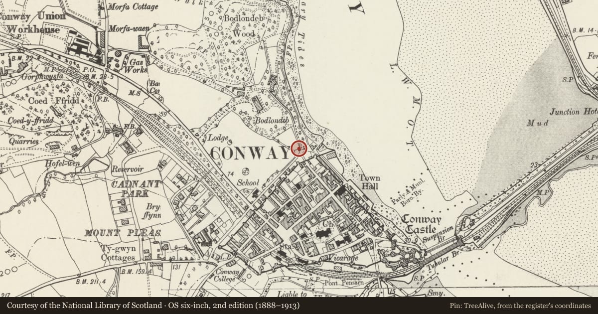 Ordnance Survey six-inch map, 2nd edition (1888–1913) covering the location of Gate piers, gates and walls at entrance to Bodlondeb from Town Ditch Road, Conwy, with a pin at the register's coordinates