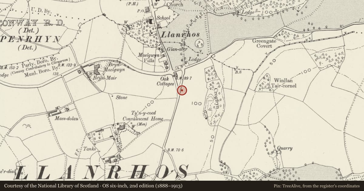 Ordnance Survey six-inch map, 2nd edition (1888–1913) covering the location of Gates & gate posts at former entrance to drive to Gloddaeth Hall to SW of Conway Lodge, Conwy, with a pin at the register's coordinates