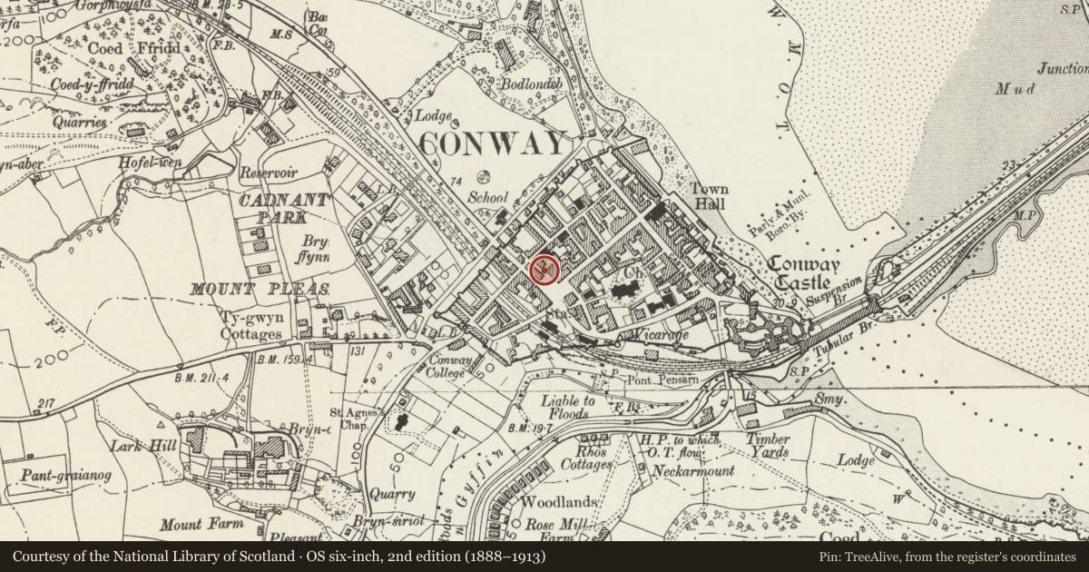 Ordnance Survey six-inch map, 2nd edition (1888–1913) covering the location of Gates and gate piers at entrance to Capel Tabernacl, Conwy, with a pin at the register's coordinates
