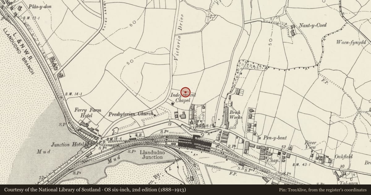 Ordnance Survey six-inch map, 2nd edition (1888–1913) covering the location of Gates, gate piers, forecourt wall and railings to Ysgol Maelgwyn, Conwy, with a pin at the register's coordinates