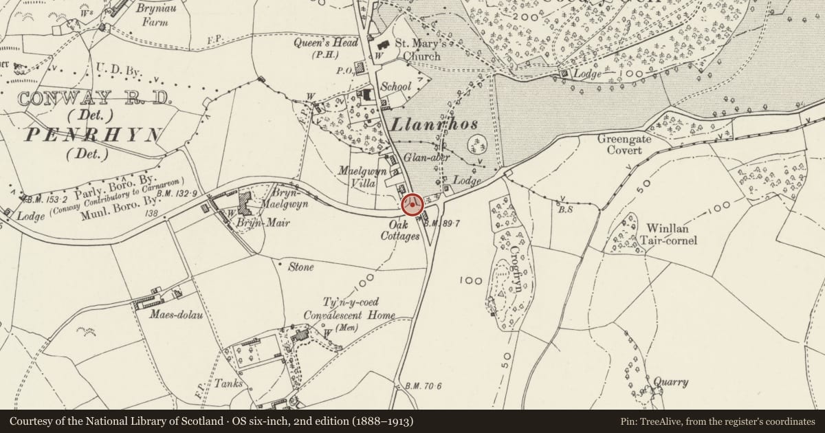 Ordnance Survey six-inch map, 2nd edition (1888–1913) covering the location of Gateway to The Nook, Conwy, with a pin at the register's coordinates