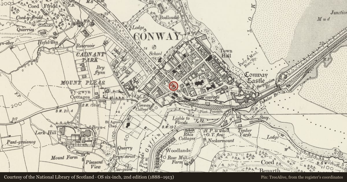 Ordnance Survey six-inch map, 2nd edition (1888–1913) covering the location of House and Fletcher & Poole Estate Agents, Conwy, with a pin at the register's coordinates