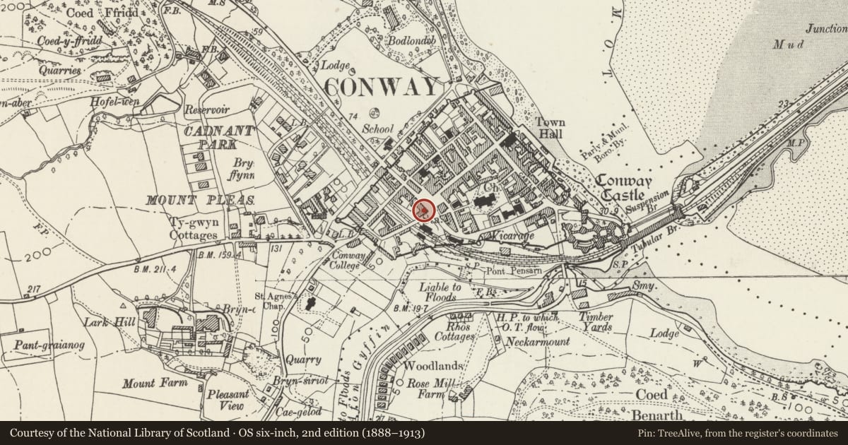 Ordnance Survey six-inch map, 2nd edition (1888–1913) covering the location of House and Private Adult Shop, Conwy, with a pin at the register's coordinates