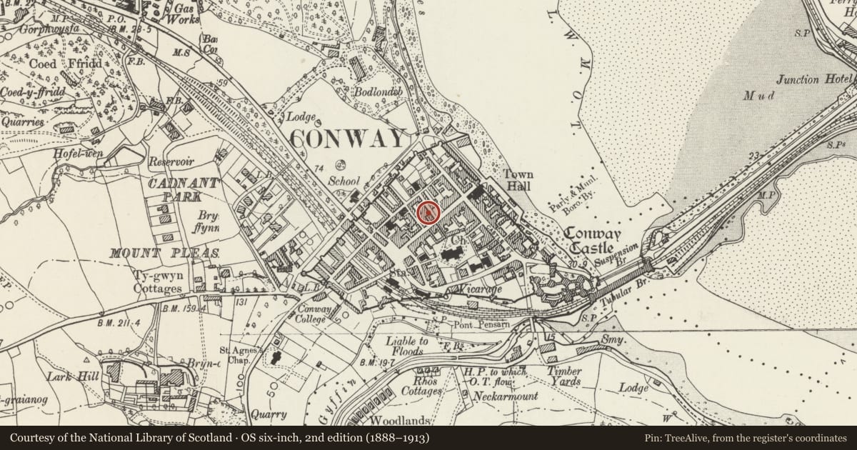 Ordnance Survey six-inch map, 2nd edition (1888–1913) covering the location of Ivy House, Conwy, with a pin at the register's coordinates