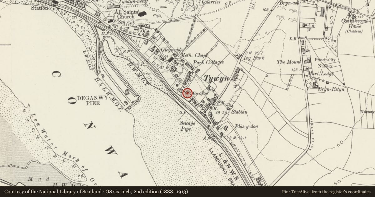 Ordnance Survey six-inch map, 2nd edition (1888–1913) covering the location of Minafon, Conwy, with a pin at the register's coordinates