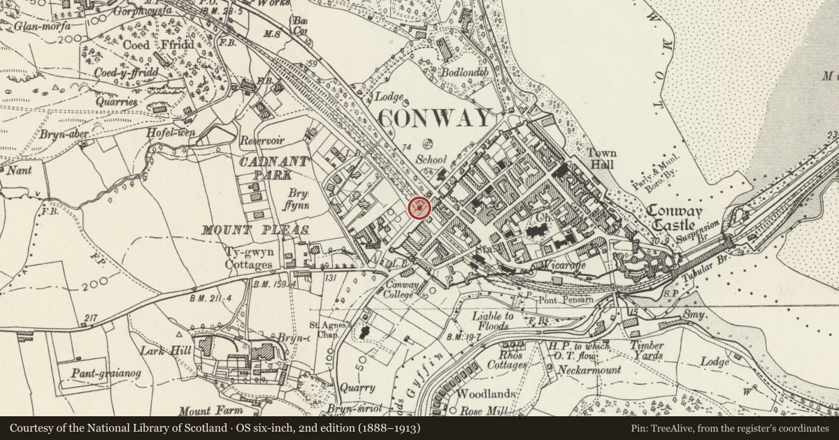 Ordnance Survey six-inch map, 2nd edition (1888–1913) covering the location of NW portal of Conwy Railway Tunnel, with a pin at the register's coordinates