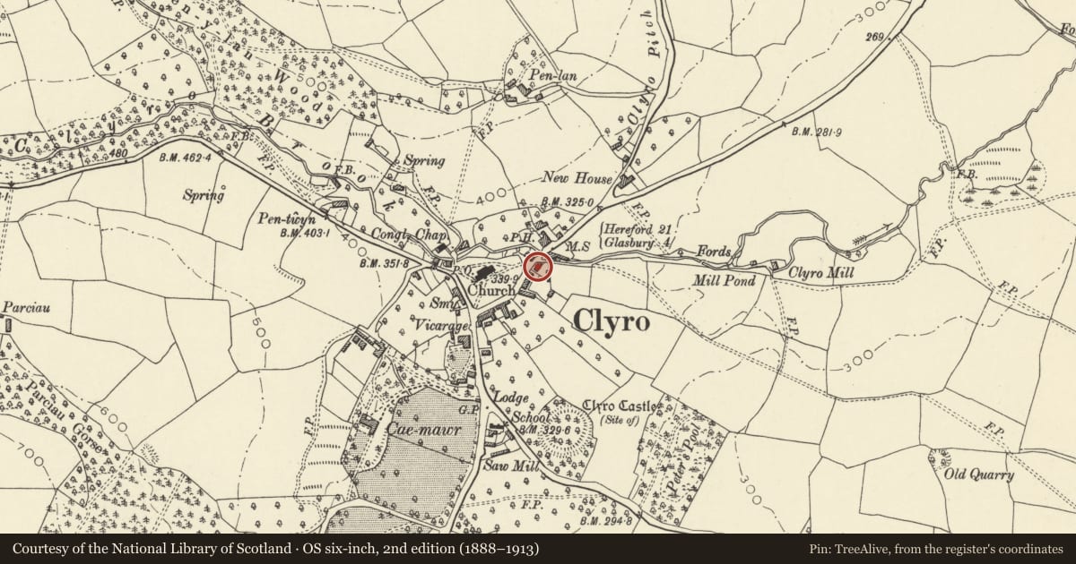Ordnance Survey six-inch map, 2nd edition (1888–1913) covering the location of Adjoining Post Office Stores, Clyro, Powys, with a pin at the register's coordinates