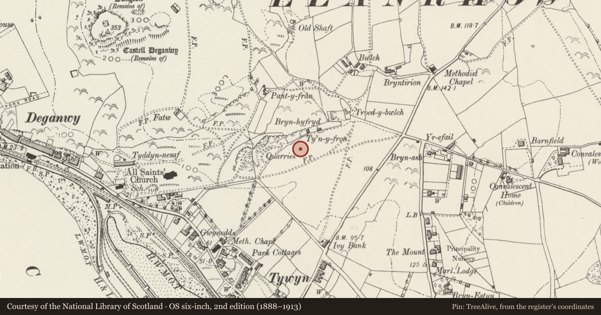 Ordnance Survey six-inch map, 2nd edition (1888–1913) covering the location of Park Lodge, Conwy, with a pin at the register's coordinates