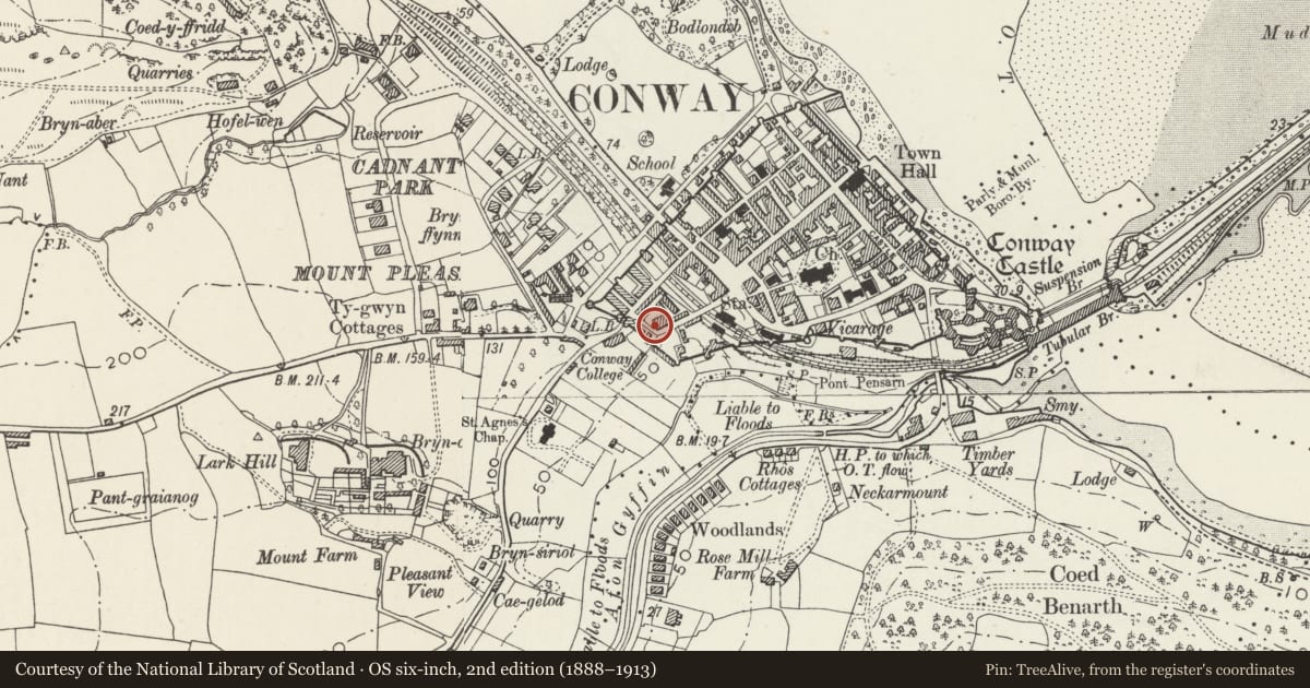 Ordnance Survey six-inch map, 2nd edition (1888–1913) covering the location of Plas Uchaf, 4 Victoria Terrace, Conwy, with a pin at the register's coordinates