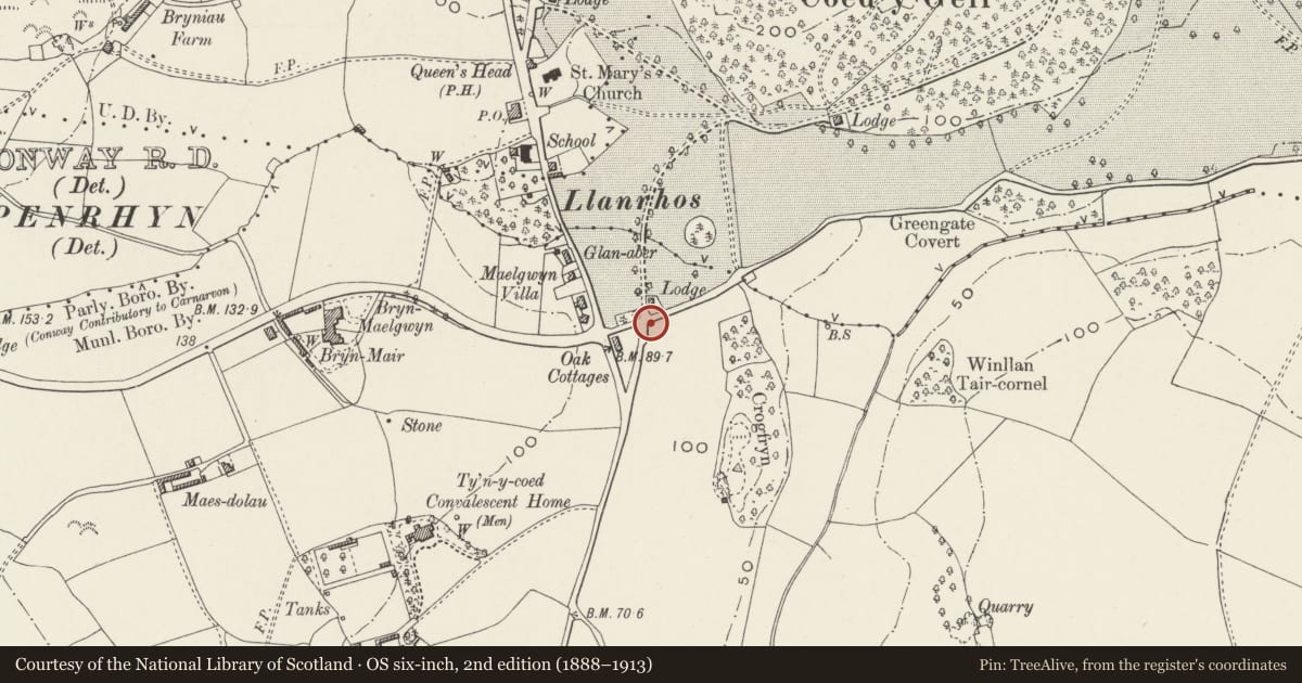 Ordnance Survey six-inch map, 2nd edition (1888–1913) covering the location of Signpost at Conway Lodge, Conwy, with a pin at the register's coordinates