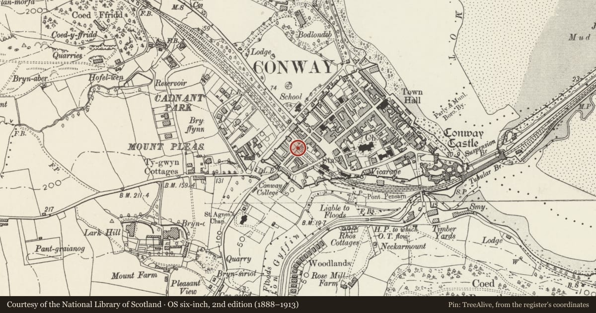Ordnance Survey six-inch map, 2nd edition (1888–1913) covering the location of SE portal of Conwy Railway Tunnel, with a pin at the register's coordinates