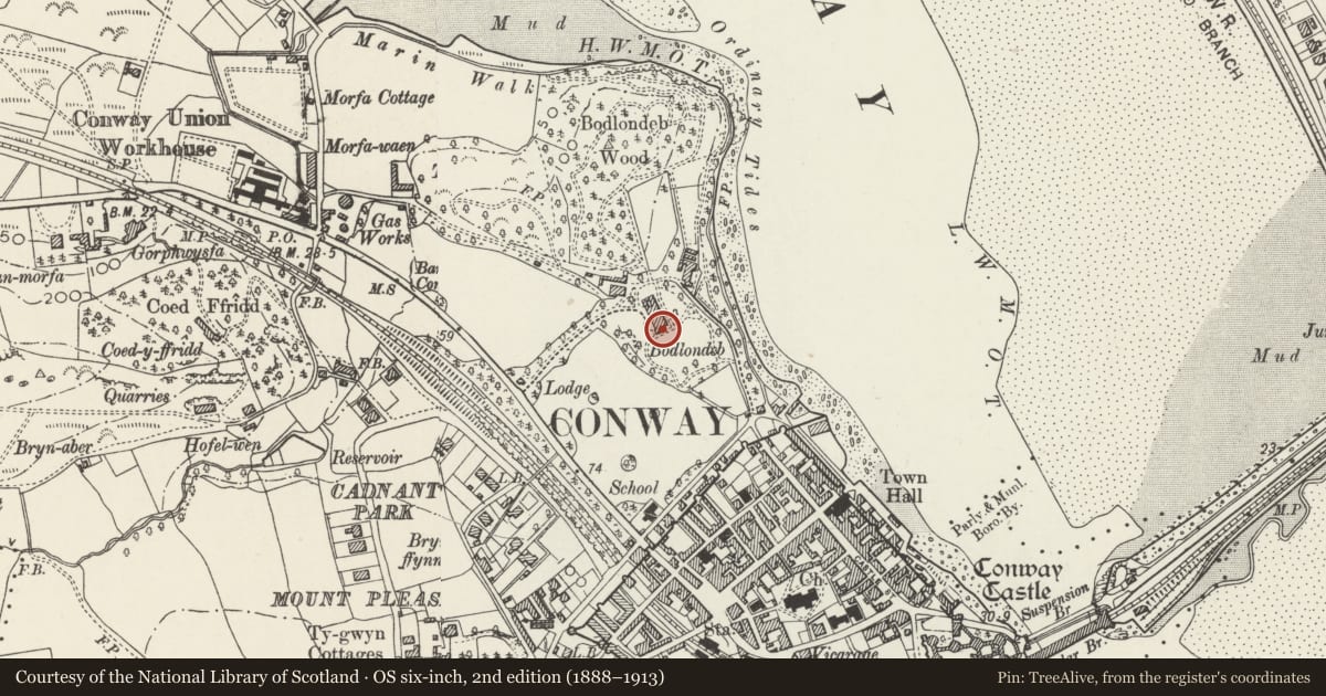 Ordnance Survey six-inch map, 2nd edition (1888–1913) covering the location of Sundial in grounds of Bodlondeb, Conwy, with a pin at the register's coordinates