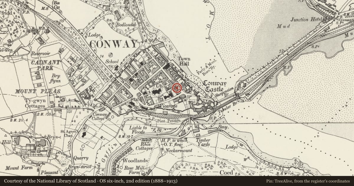 Ordnance Survey six-inch map, 2nd edition (1888–1913) covering the location of Telephone Call-box outside NatWest Bank, Conwy, with a pin at the register's coordinates
