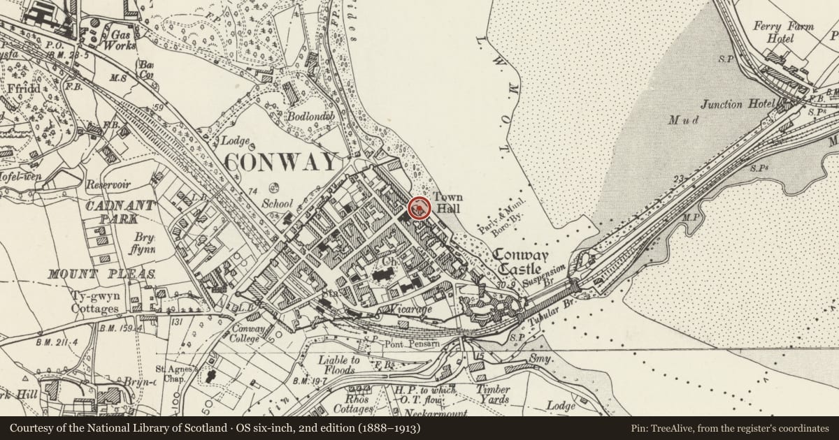 Ordnance Survey six-inch map, 2nd edition (1888–1913) covering the location of Telephone call-box on quayside, Conwy, with a pin at the register's coordinates