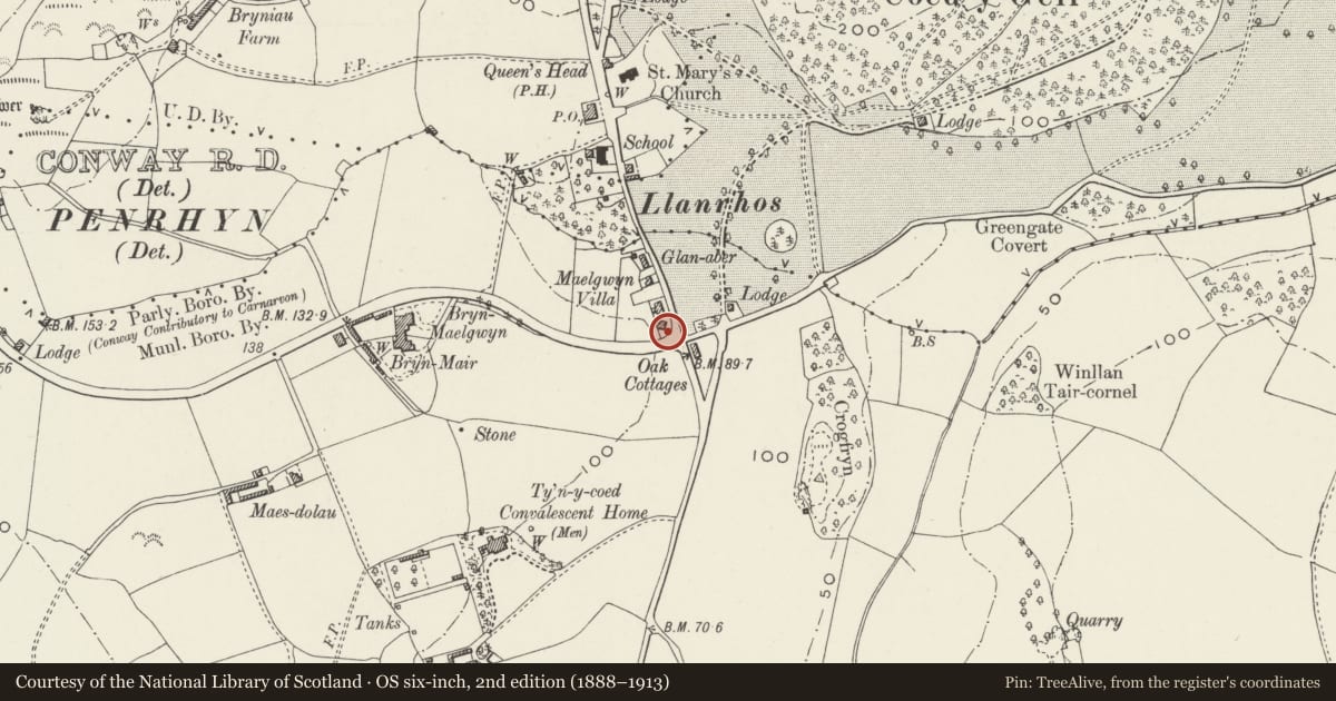 Ordnance Survey six-inch map, 2nd edition (1888–1913) covering the location of The Nook, Conwy, with a pin at the register's coordinates