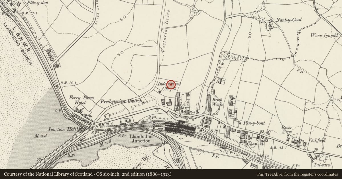 Ordnance Survey six-inch map, 2nd edition (1888–1913) covering the location of Ysgol Maelgwyn, Conwy, with a pin at the register's coordinates