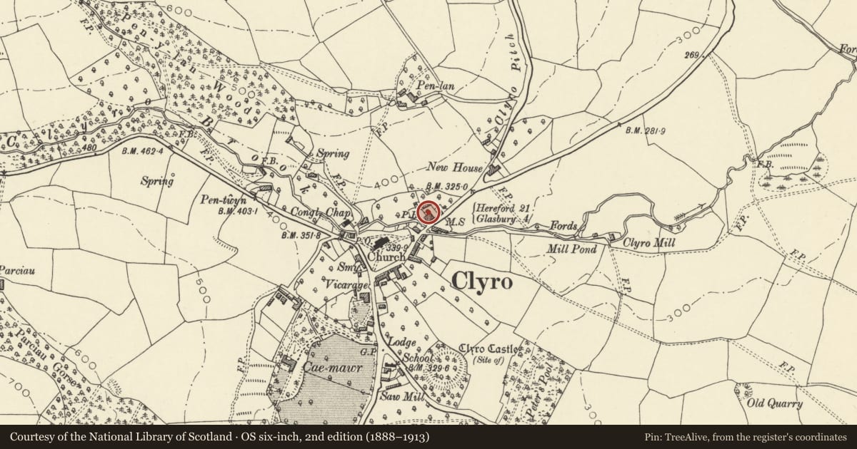Ordnance Survey six-inch map, 2nd edition (1888–1913) covering the location of Baskerville Arms Hotel, Clyro, Powys, with a pin at the register's coordinates