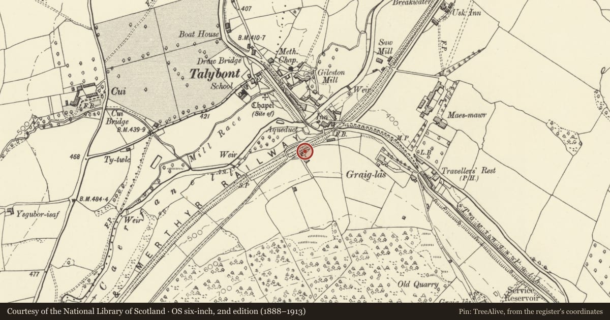 Ordnance Survey six-inch map, 2nd edition (1888–1913) covering the location of Weighbridge Cottage, Talybont-on-Usk, Powys, with a pin at the register's coordinates