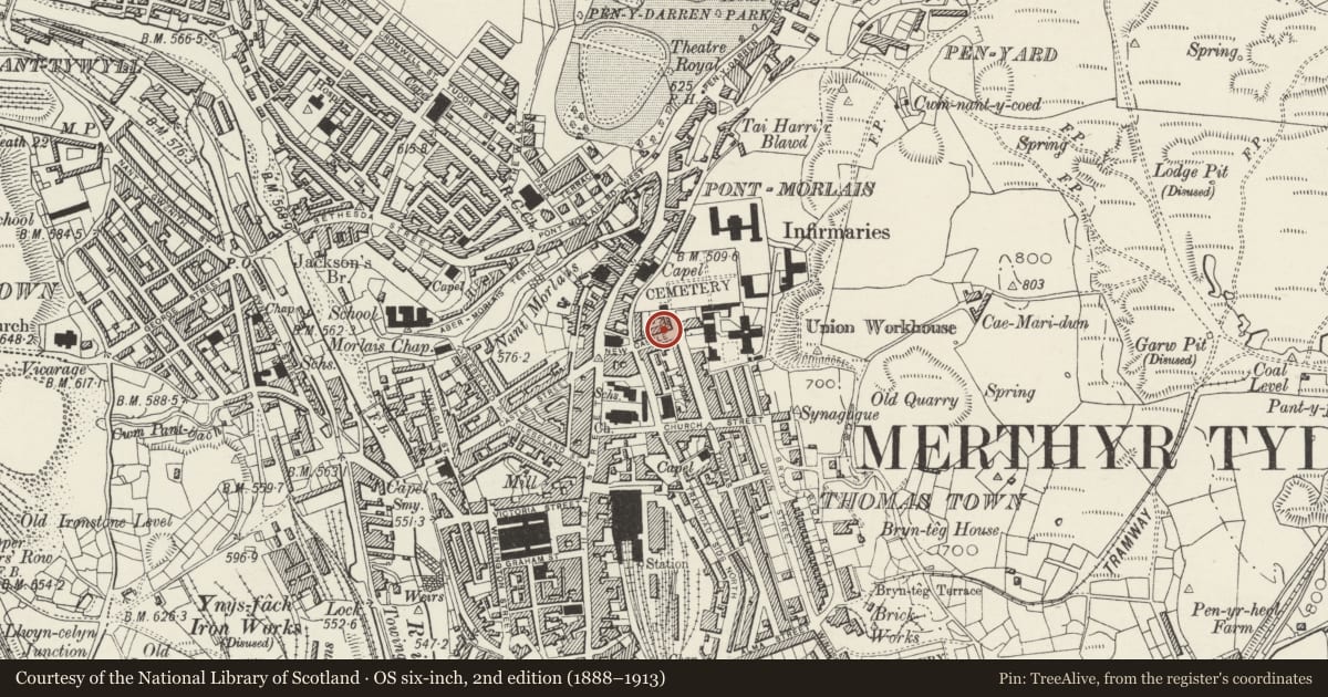 Ordnance Survey six-inch map, 2nd edition (1888–1913) covering the location of 12 New Castle Street, Town, Merthyr Tydfil, with a pin at the register's coordinates