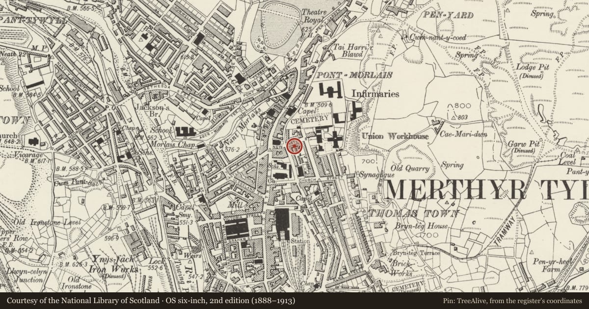 Ordnance Survey six-inch map, 2nd edition (1888–1913) covering the location of 19 New Castle Street, Town, Merthyr Tydfil, with a pin at the register's coordinates
