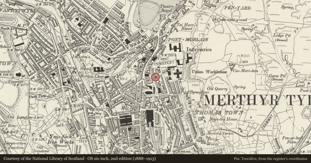 Ordnance Survey six-inch map, 2nd edition (1888–1913) covering the location of 20 New Castle Street, Town, Merthyr Tydfil, with a pin at the register's coordinates