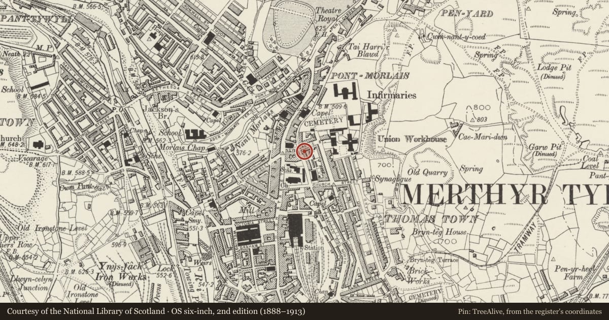 Ordnance Survey six-inch map, 2nd edition (1888–1913) covering the location of Former Chapel, Town, Merthyr Tydfil, with a pin at the register's coordinates