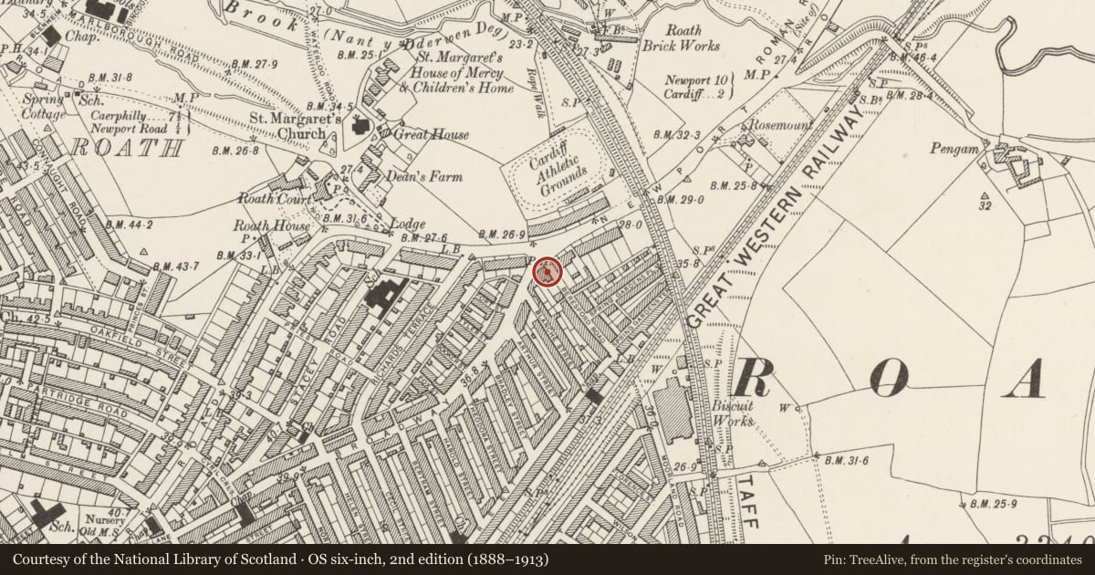 Ordnance Survey six-inch map, 2nd edition (1888–1913) covering the location of Royal Oak Public House, Adamsdown, Cardiff, with a pin at the register's coordinates
