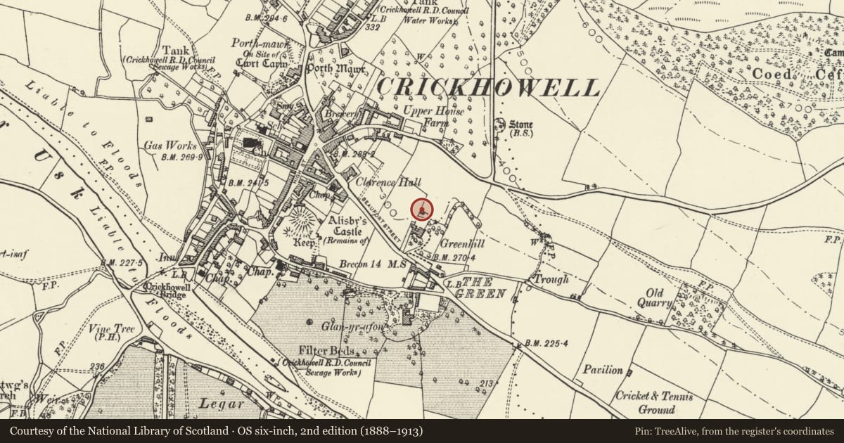Ordnance Survey six-inch map, 2nd edition (1888–1913) covering the location of Gazebo and adjoining rubble wall on Cwrt Newydd road, Crickhowell, Powys, with a pin at the register's coordinates