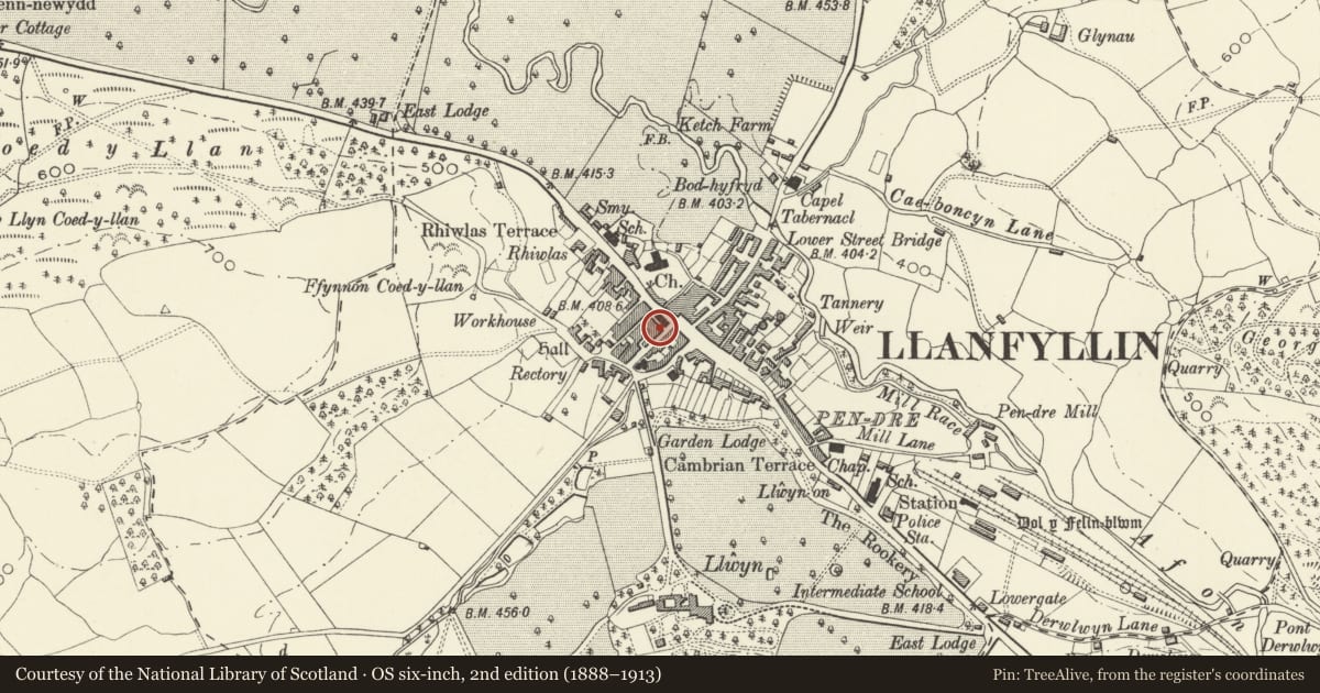 Ordnance Survey six-inch map, 2nd edition (1888–1913) covering the location of 'Corner House' Market Street, Llanfyllin, Powys, with a pin at the register's coordinates