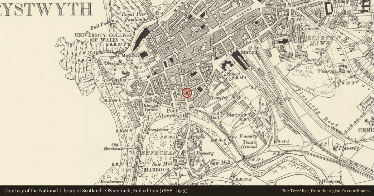 Ordnance Survey six-inch map, 2nd edition (1888–1913) covering the location of 44 Bridge Street, Aberystwyth, Ceredigion, with a pin at the register's coordinates