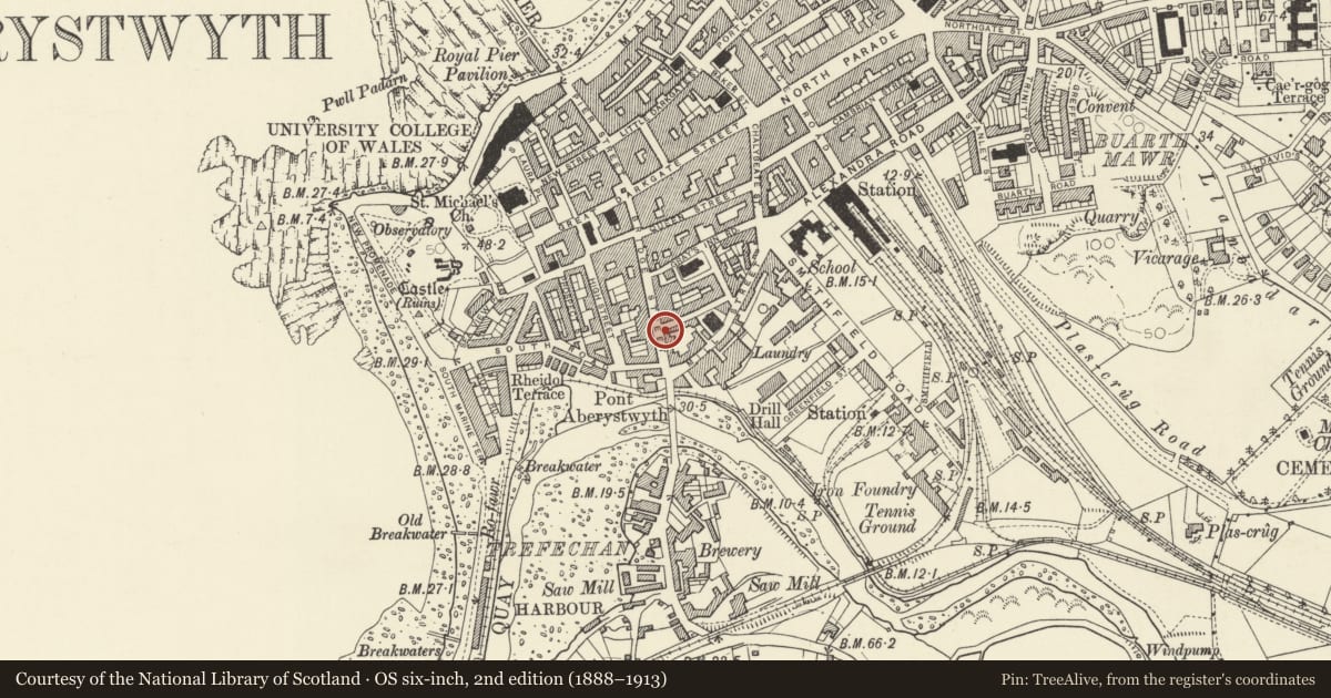 Ordnance Survey six-inch map, 2nd edition (1888–1913) covering the location of 42 Bridge Street, Aberystwyth, Ceredigion, with a pin at the register's coordinates