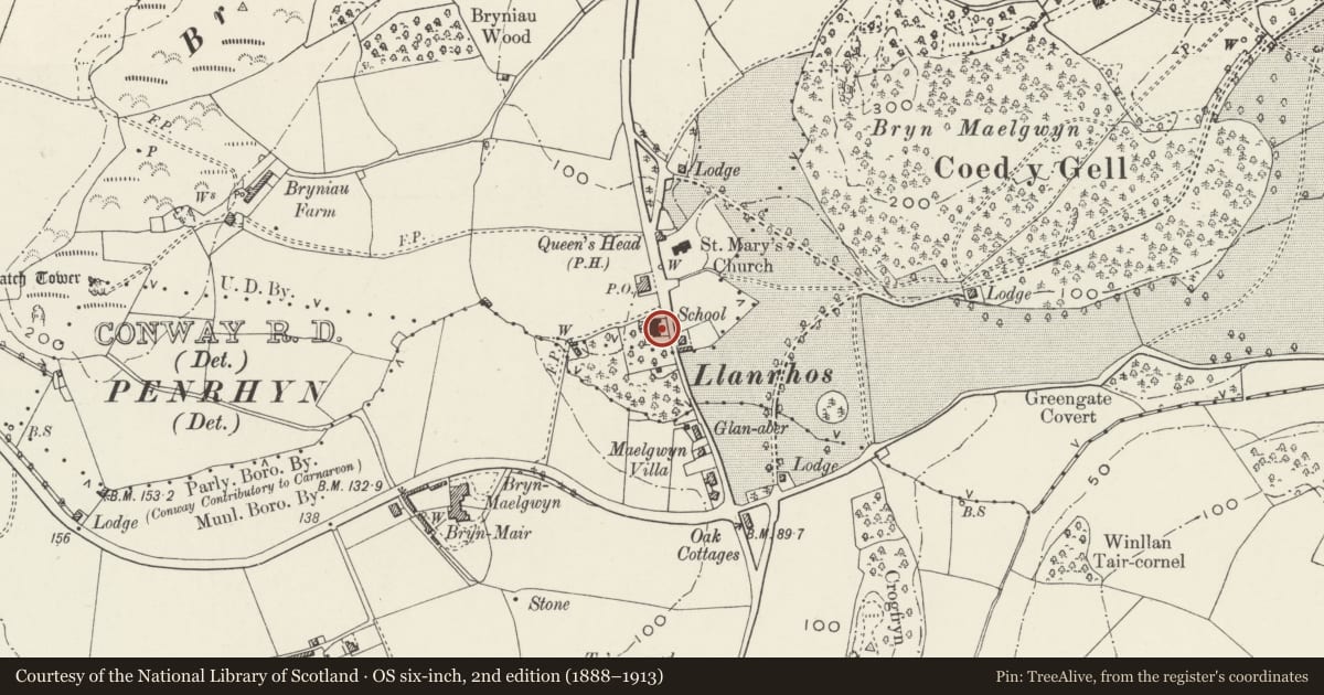 Ordnance Survey six-inch map, 2nd edition (1888–1913) covering the location of Llanrhos Church Hall, Conwy, with a pin at the register's coordinates