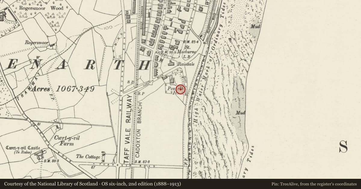 Ordnance Survey six-inch map, 2nd edition (1888–1913) covering the location of Sea Roads, Penarth, Vale of Glamorgan, with a pin at the register's coordinates